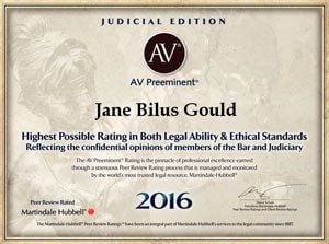 Judicial Edition | AV | Preeminent | Jane Bilus Gould | Peer Review Rated Martindale Hubbell | 2016
